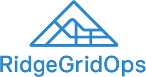 RidgeGripOps Logo, with Blue text, & outline of Mountain in Blue